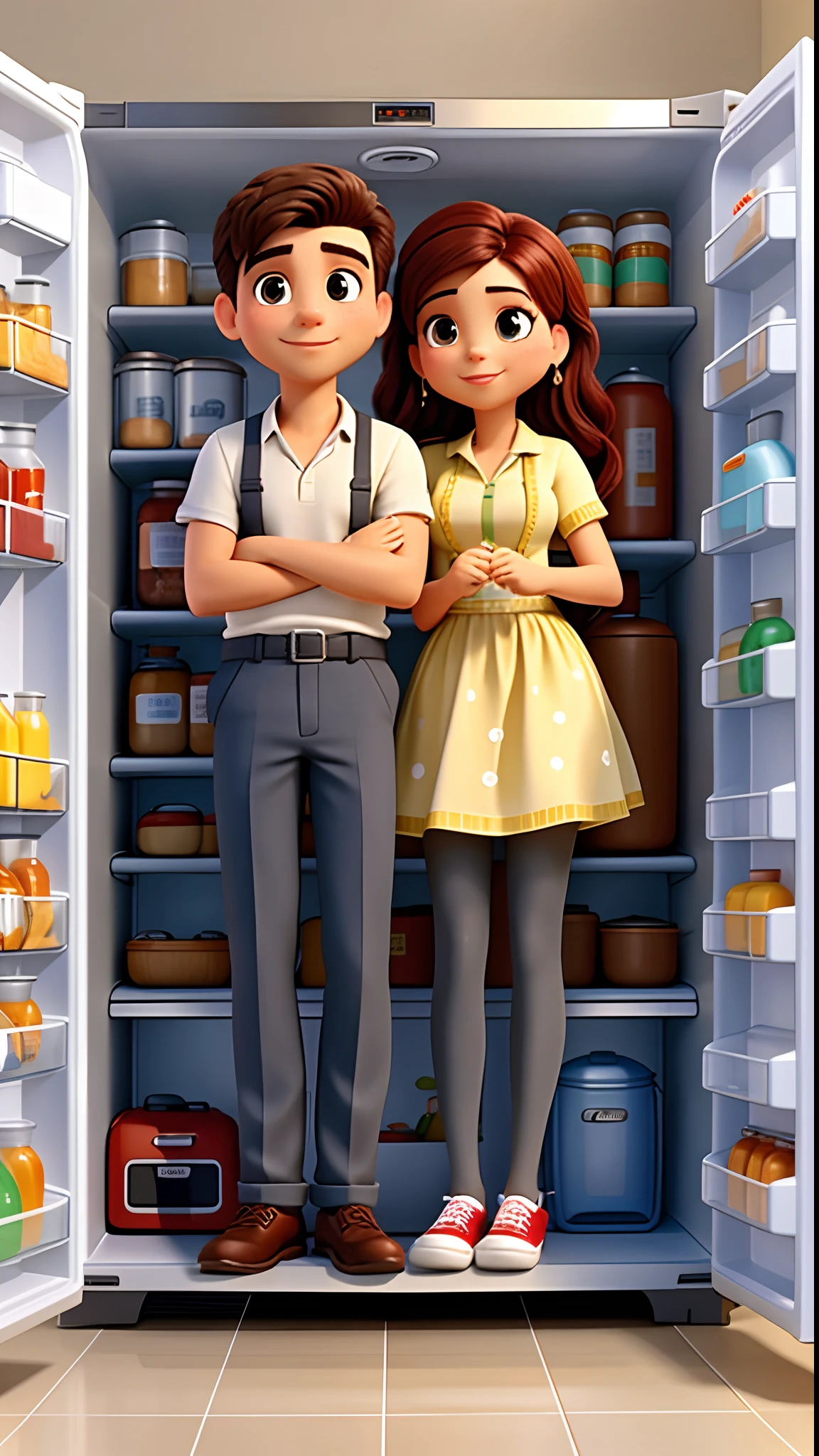 There are two people standing in a kitchen next to a refrigerator, Directed by: Nandor Soldier, Lovely couple, imagem de perfil, par, Casal feliz, masculino brasileiro e feminino loira, Herbert Carvalho de 38 anos, Priscila Azevedo de 28 anos, mulher do Brasil, foto estilo Disney Pixar, with high resolution, detalhes minimalistas e com qualidade superior.