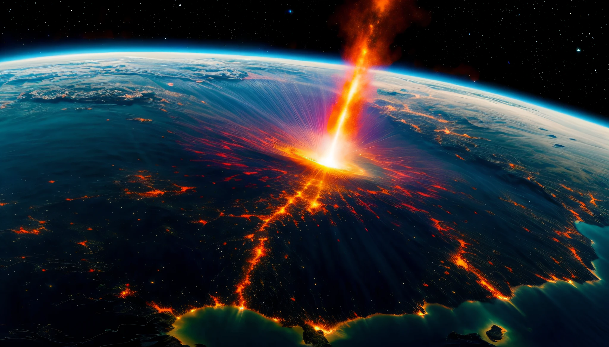 (best quality,4k,highres,masterpiece:1.2),ultra-detailed,(realistic,photorealistic,photo-realistic:1.37),cosmic,apocalyptic,space,massive meteor impact,earth,grandiose,frightening,huge meteor collision,space perspective,detail-rich,shattered earth,fire and smoke,ravaged landscape,burning skies,darkened atmosphere,devastation,crumbling continents,dazzling explosion,giant meteor strike,deep impact,moment of destruction,dramatic event,cataclysmic disaster,melting mountains,molten lava,searing heat,desolate wasteland,end of the world,cosmic destruction,cosmic chaos,shimmering remnants,stellar devastation,enormous energy release,mass extinction,violent collision,catastrophic force,overwhelming power,awe-inspiring spectacle,cosmic catastrophe,dire consequences,earth-shattering event