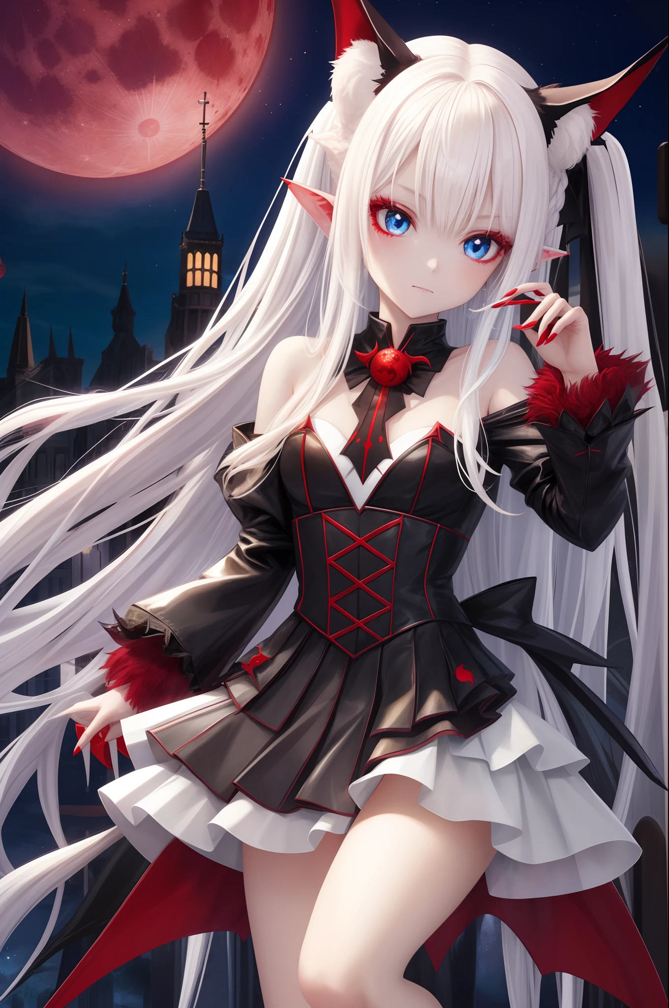 Bat girl, white hair, red eyes, dress, red moon
Blonde Long Beast Ears, White hair, Long hair, Blue eyes, Red Moon、natta、Fantastical、