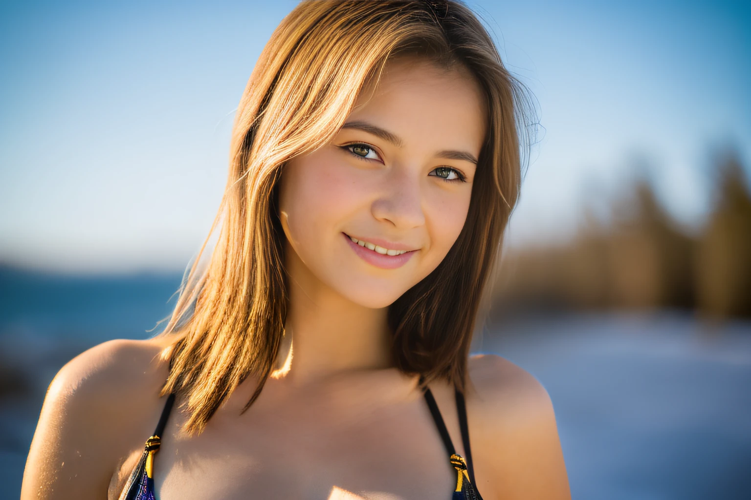 SeaArt , 1cute girl, portrait, bokeh, ( masterpiece), accurate, anatomically correct, f/1.8, 90mm, Fujifilm GFX 50R, raw photo, regina display, super detail, high details, high quality, best quality, highres, UHD, 1080p HD, 4K, 8K, (((12years old 1girl))), Realism, ((Face and body the full front)), (standing), ((small breasts)), (yellow pink bikini), medium Hair, beautiful white skin, young features, beautiful pussy, soothing tones, high contrast, natural skin texture, smile, of Sweden, Northern Lights Sky,