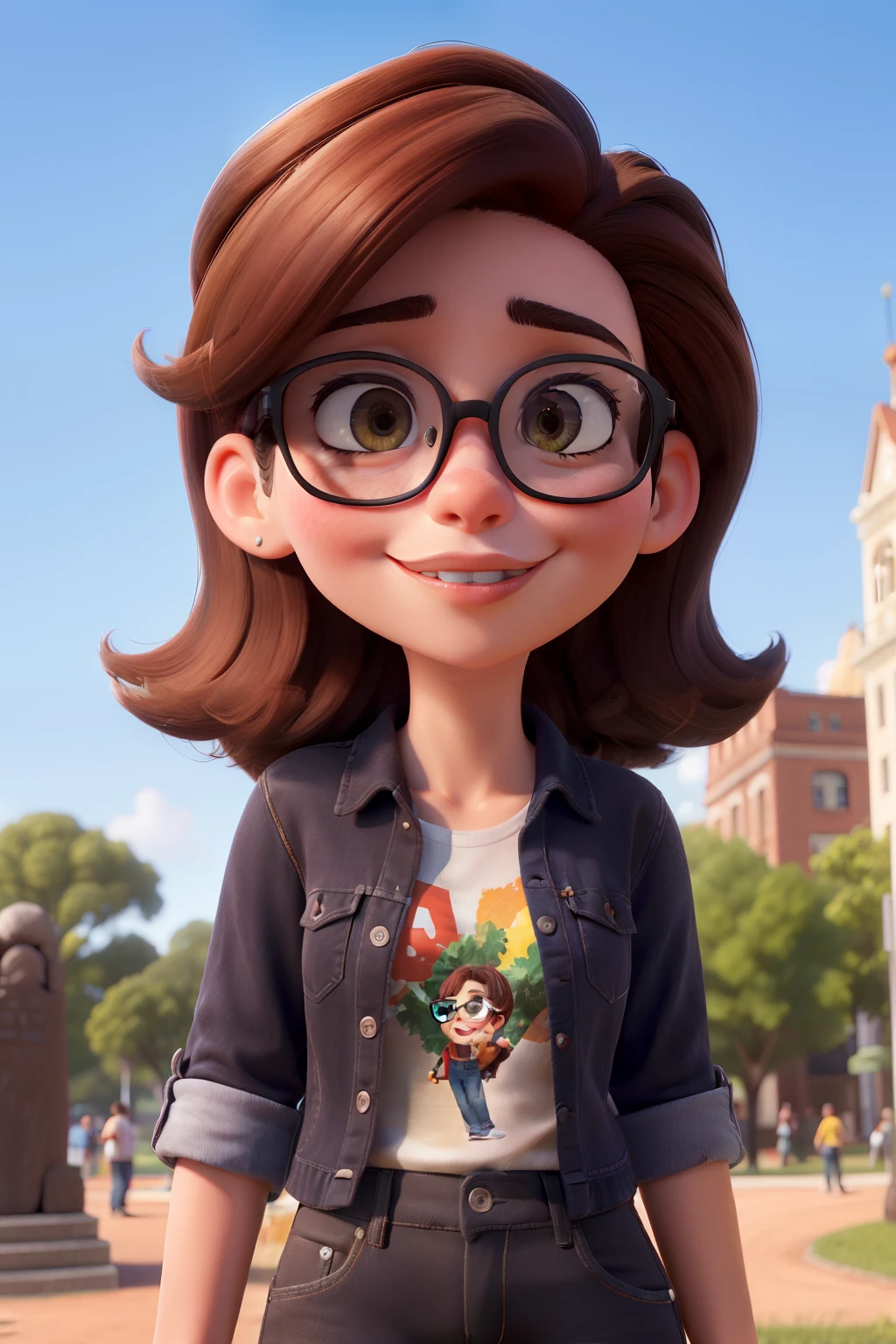 "(best quality,ultra-detalhado),(Realistic:1.37),retrato,olhos e rosto detalhados,Menina em um parque,brown hair,square glasses,olhos castanhos,vivid colors,camisa xadrez vermelha,black jeans,All STAR sneakers"