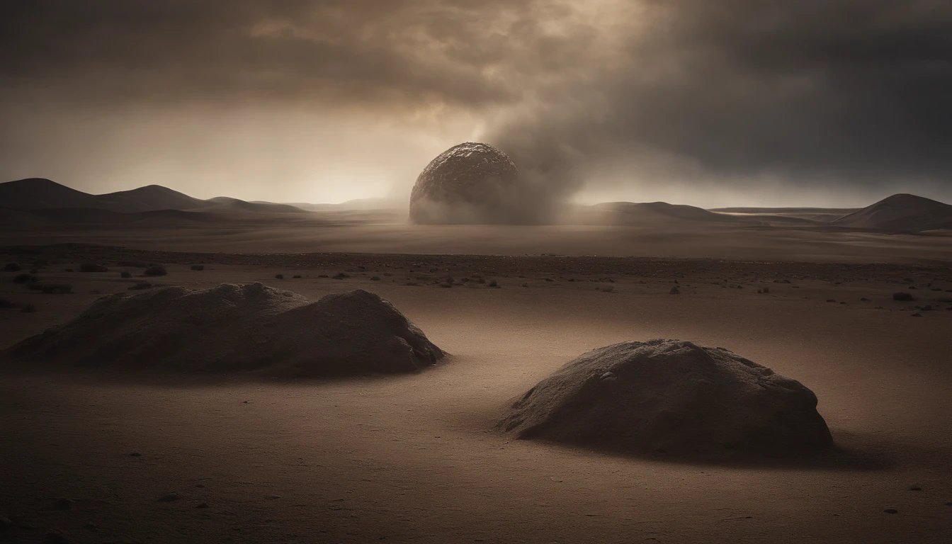 An enormous meteorite impact site, with the meteorite half-buried in the ground, surrounded by a desolate, ashy landscape, a thick dust cloud rising into the atmosphere, conveying the aftermath of the impact, Sculpture, life-sized metal sculpture with intricate details and realistic textures