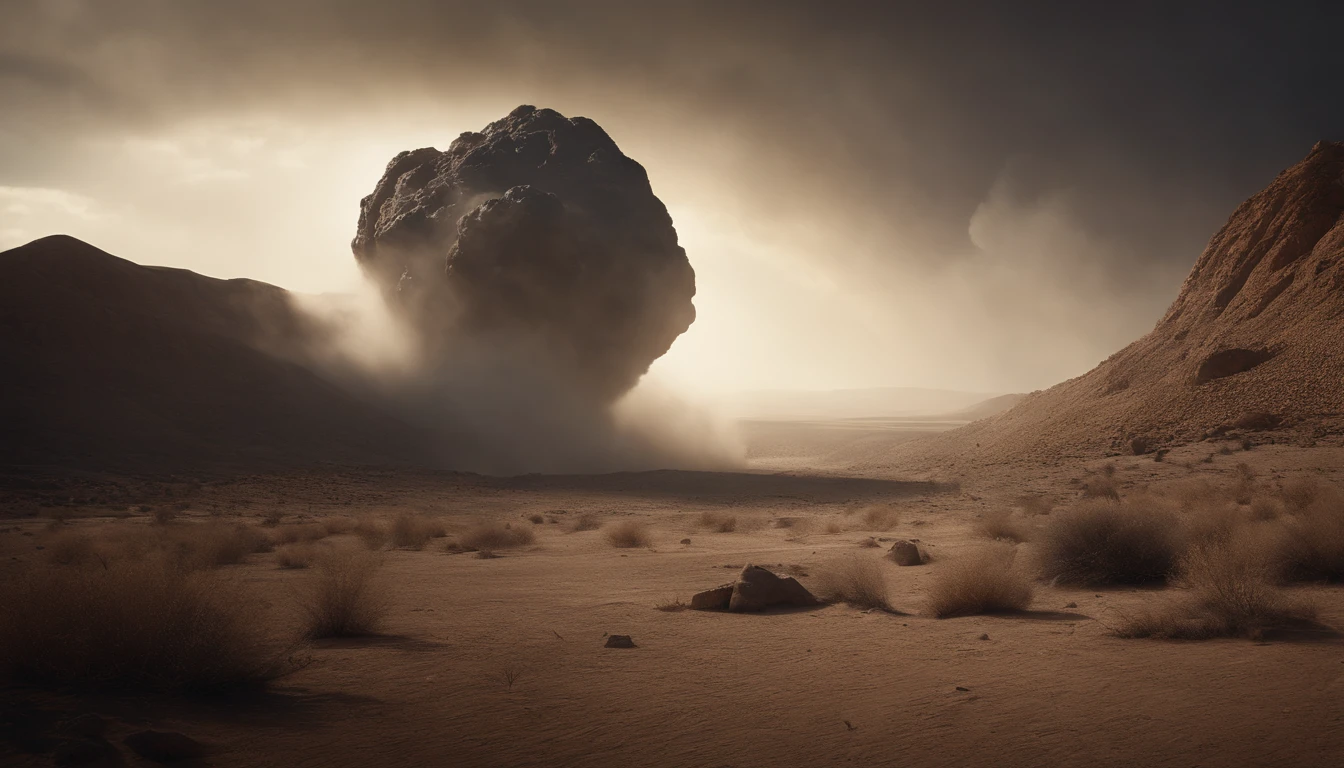 An enormous meteorite impact site, with the meteorite half-buried in the ground, surrounded by a desolate, ashy landscape, a thick dust cloud rising into the atmosphere, conveying the aftermath of the impact, Sculpture, life-sized metal sculpture with intricate details and realistic textures