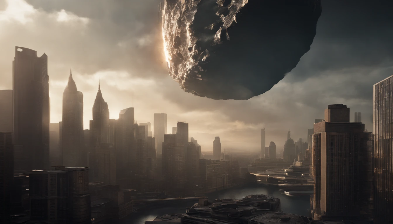 A monumental meteorite hurtling through a city skyline, skyscrapers bending and crumbling in its path, a surreal, apocalyptic scene with a dark, otherworldly atmosphere, 3D rendering, using ray tracing and volumetric effects to create a hyper-realistic, sci-fi-inspired cityscape,