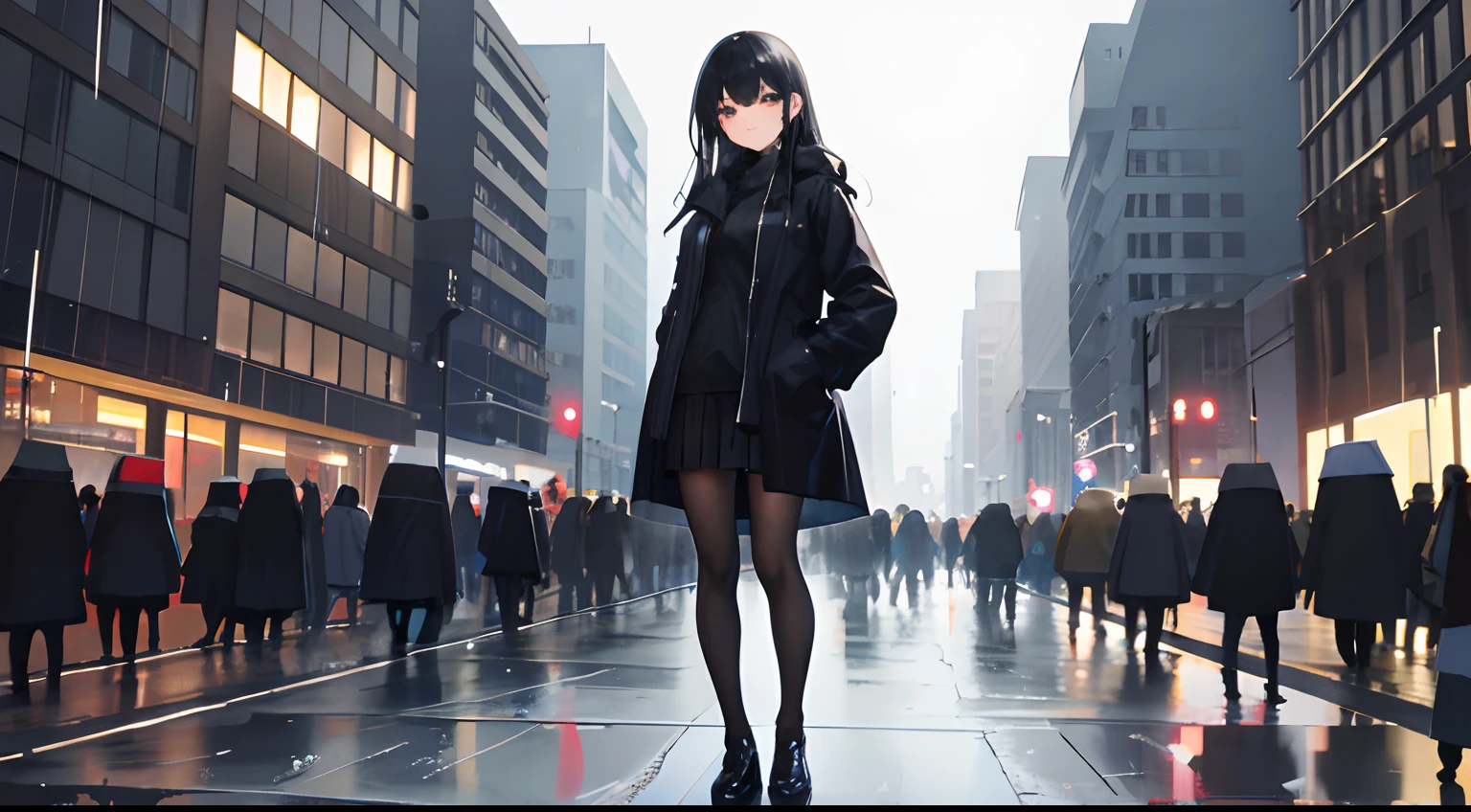 1girll,ssmile，Medium long black hair，Night City,rain,Coat,Hands in pockets，black short skirt，Dark black pantyhose，Black casual shoes，Full body like，Stand in the middle of the crowd