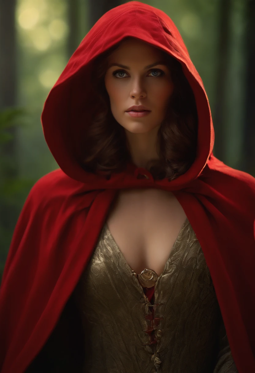 close-up portrait of NewLaraCroft in a forest, (backlight), realistic, masterpiece, highest quality, ((red hooded cloak)), ((scared )), lens flare, shadow, bloom, (( flashes of light)), [chromatic aberration], by Jeremy Lipking, by Antonio J. Manzanedo, by (Alphonse Mucha), digital painting, nude, no clothes