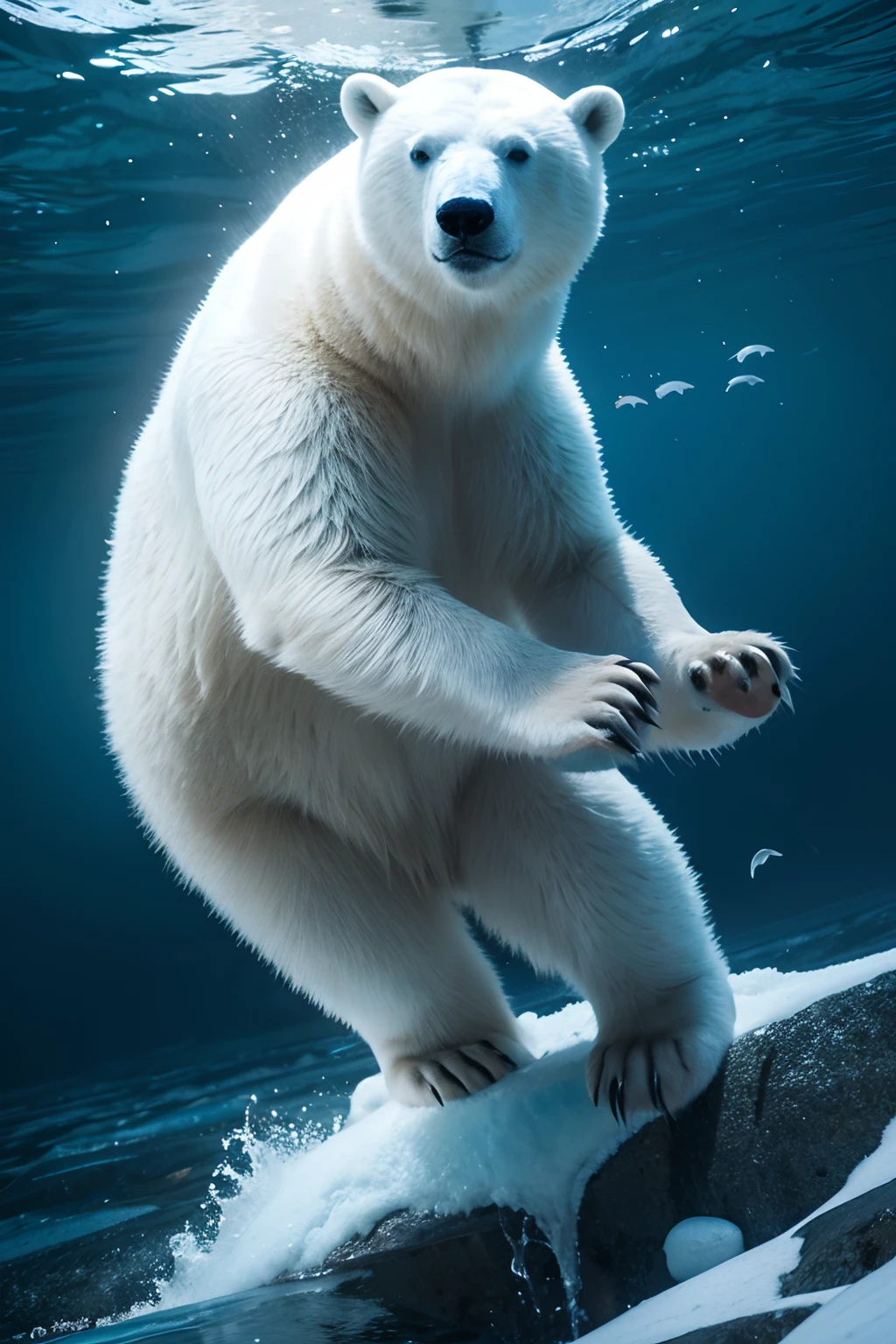 A polar bear,The bear's paw is full of blood,There are fish with bone spurs on the side