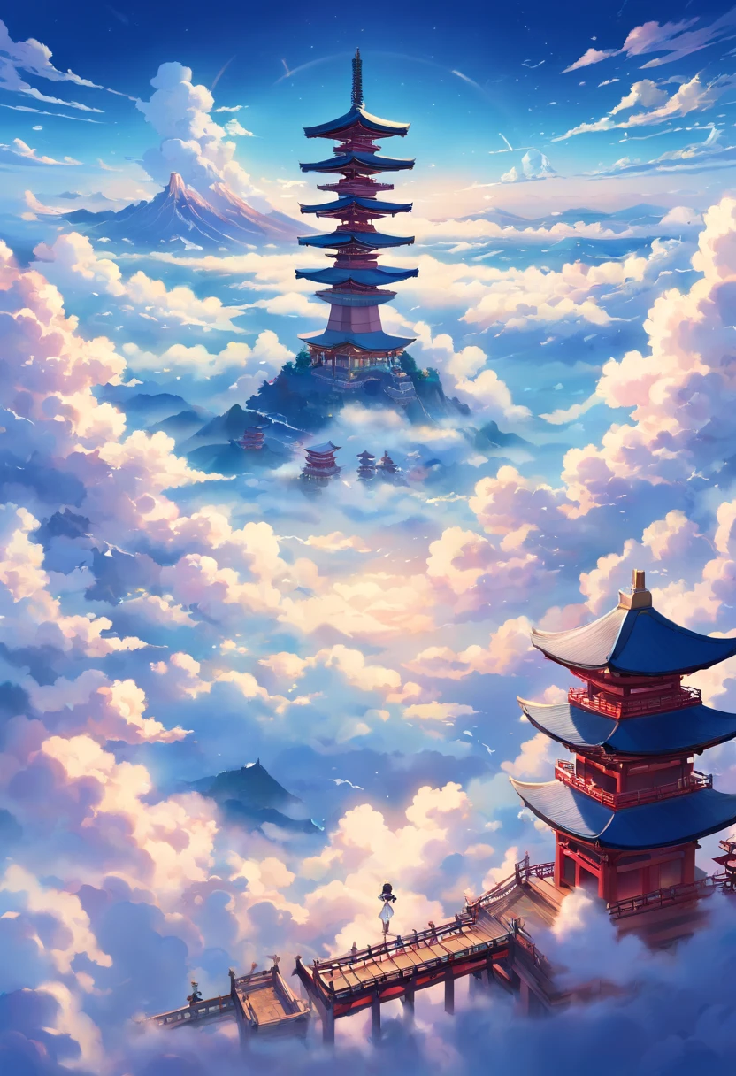 Illustration of the world of gods living in a sea of clouds. (Background, ・A dream world surrounded by a sea of clouds is spreading. ・ The cloud has softness, Fluffy texture,vibrant with colors,Shiny. ・ Above the sea of clouds, palaces and shrines where gods live are depicted. ・ The palace and shrine seem to float in a sea of clouds. ・ The Sky Palace floating above the sea of clouds. ・The shrine's torii gate stands above the sea of clouds. ), (person, ・Depicts various gods flying freely in a sea of clouds. - Each god has a unique appearance. ・ The gods spend time happily above the sea of clouds. ),