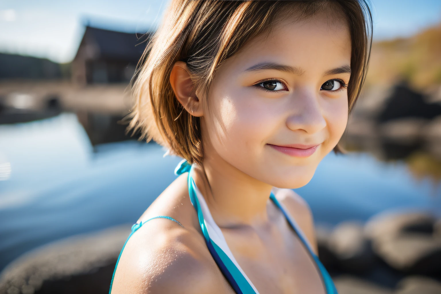 Upper body is captured, SeaArt , 1cute girl, portrait, bokeh, ( masterpiece), accurate, anatomically correct, f/1.8, 90mm, Fujifilm GFX 50R, raw photo, regina display, super detail, high details, high quality, best quality, highres, UHD, 1080p HD, 4K, 8K, (((11years old 1girl))), Realism, ((Face and body the full front)), (standing), ((small breasts)), (ochre bikini), medium Hair, beautiful white skin, young features, beautiful pussy, soothing tones, high contrast, natural skin texture, of Sweden, Northern Lights Sky, (shy smile),
