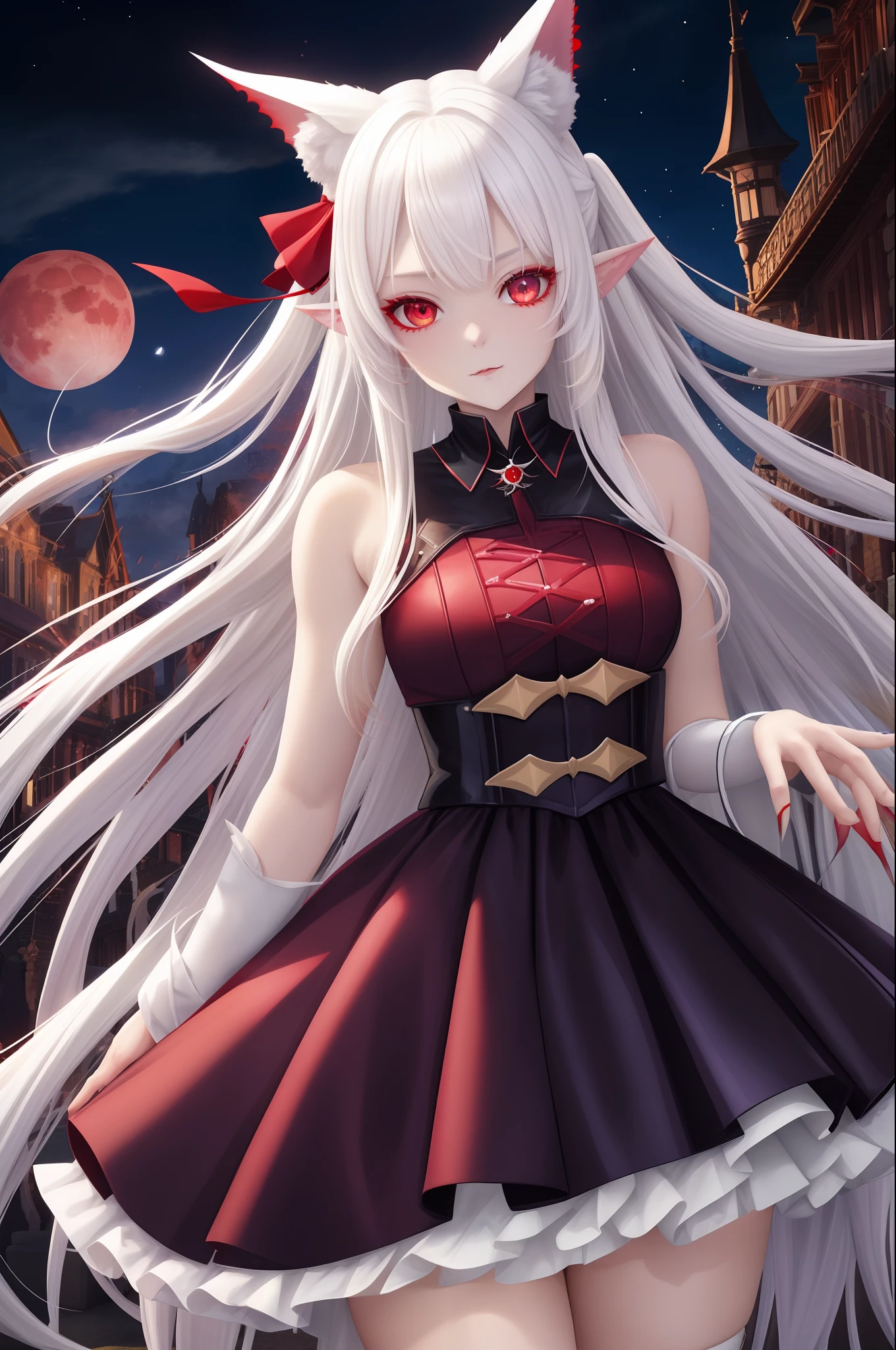 Bat girl, white hair, red eyes, dress, red moon
Blonde Long Beast Ears, White hair, Long hair, Blue eyes, Red Moon、natta、Fantastical、