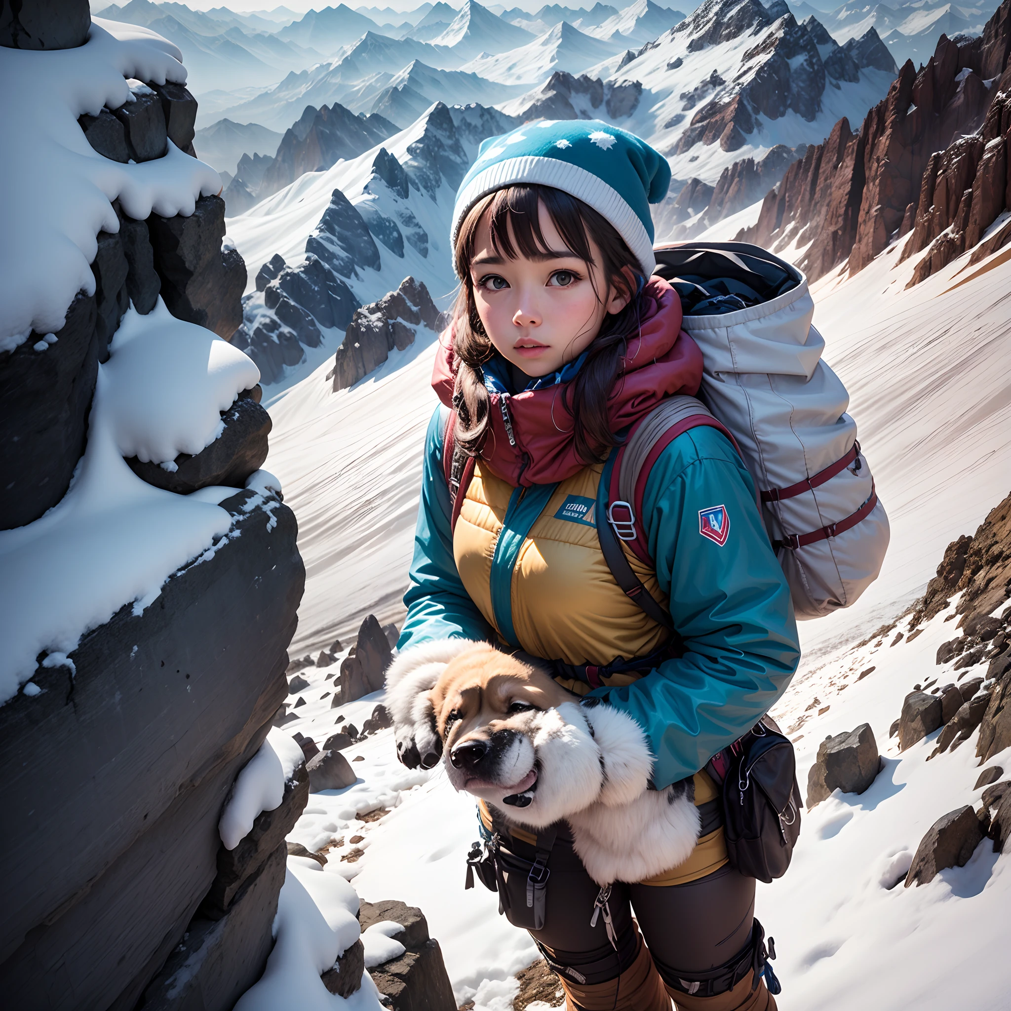 A girl dressed as a mountaineer ascending a mountain to the snowy summit, imagen fotografica  camara detras de ella 35 mm f/1.4 --auto --s2