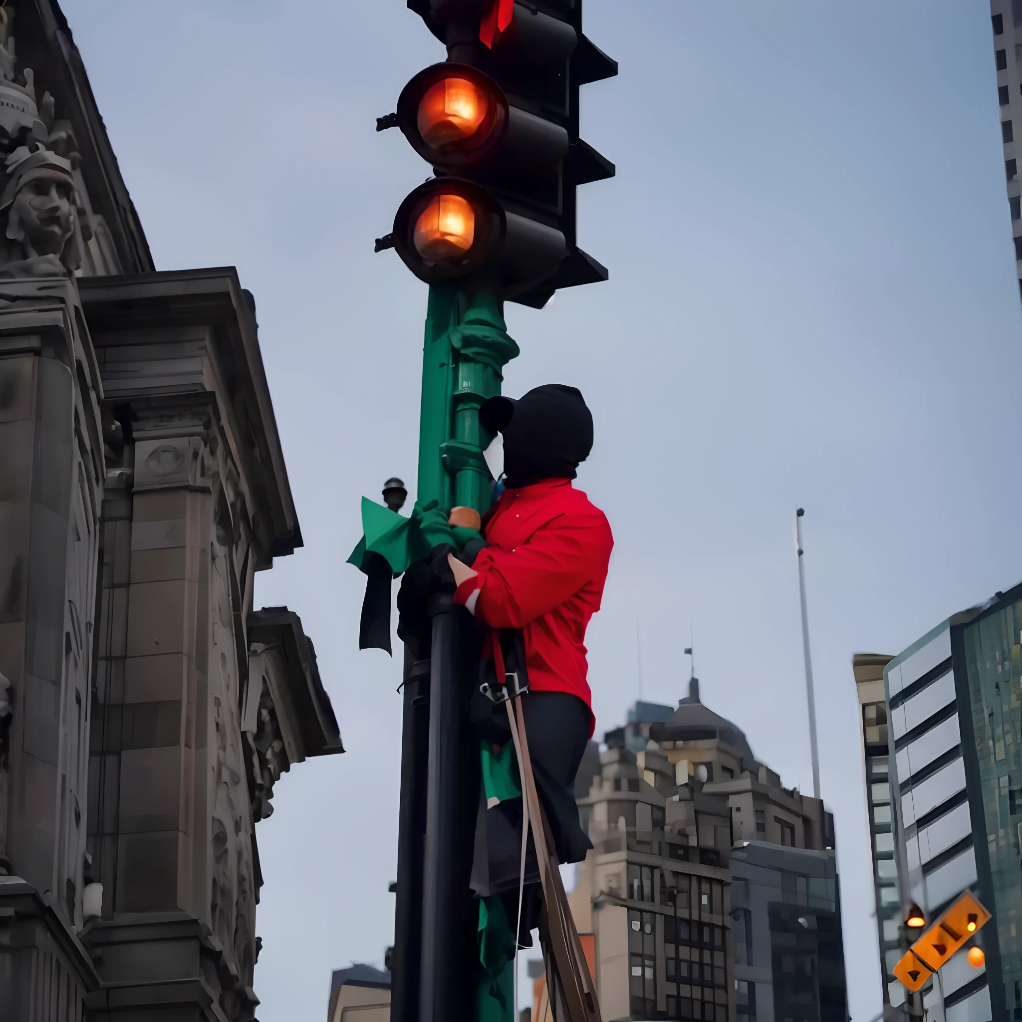 Shaftesbury Memorial, na cidade de Montreal, There is a protester climbing on a traffic light pole with a red flag, branca e verde, outras pessoas olham e outras continuam a protestar contra pessoas negras e latinas;.