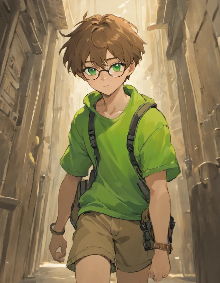 Male teen with brown hair and green eyes and glasses in casual green outfit with tan cargo shorts