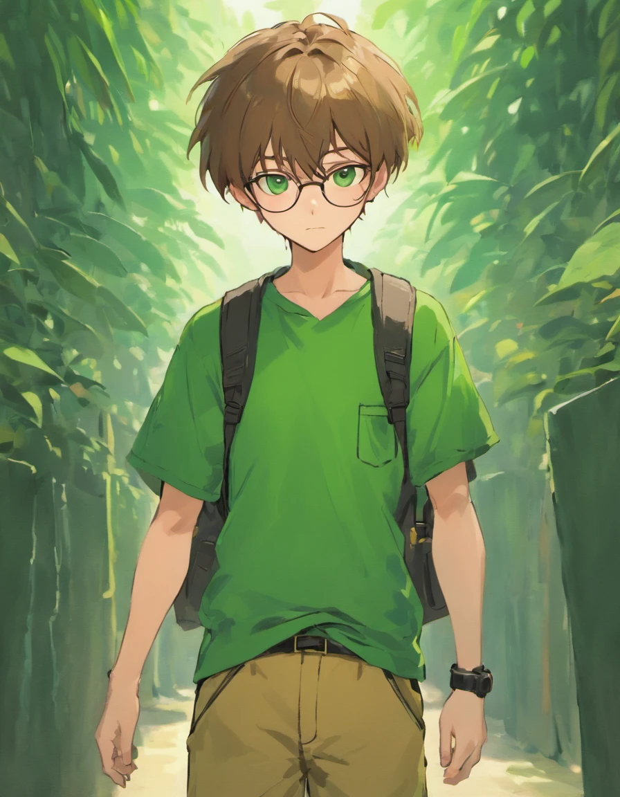 Male teen with brown hair and green eyes and glasses in casual green outfit with tan cargo shorts