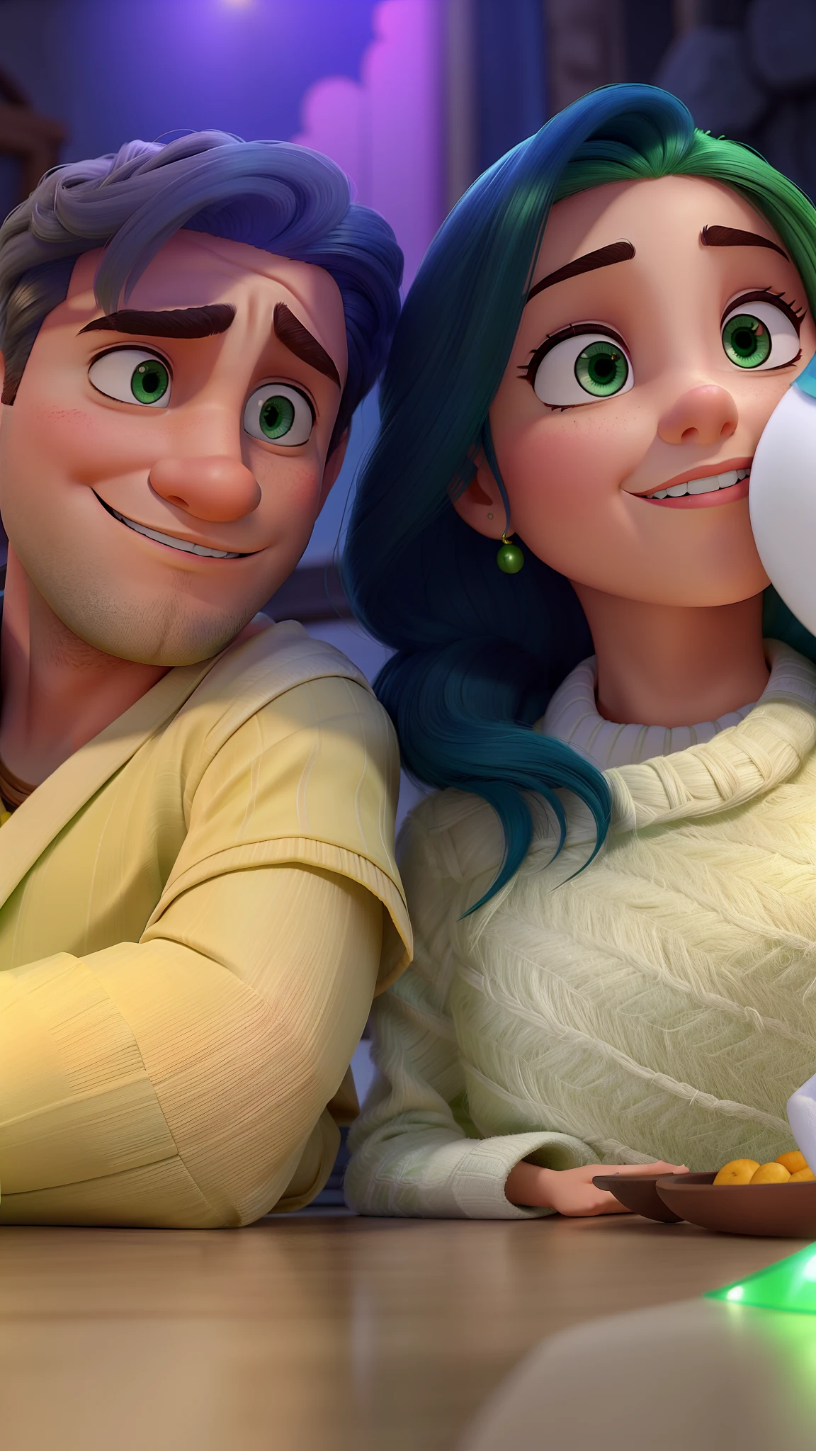 casal homem branco olhos verdes cabelo liso e mulher branca cabelo comprido olhos castanhos no estilo Disney Pixar, alta qualidade, melhor qualidade
