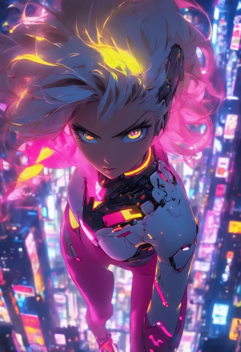Pretty, Woman, Sexy face, Yellow eyes, White hair, Slim body, Sexy Pose, Pink tights, mechs, Neon sign, Led Night City, Seen from above, High quality, Realistic, Beautiful light, full detail, Black background