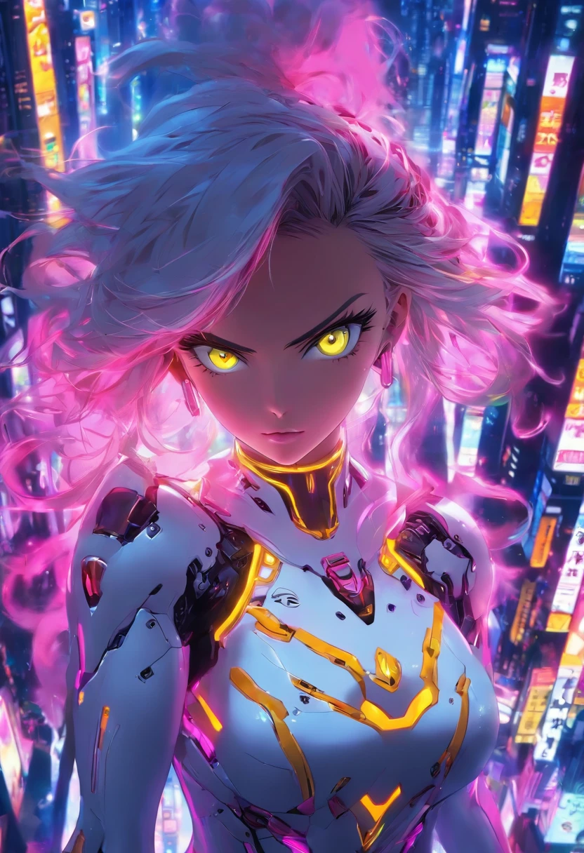 Pretty, Woman, Sexy face, Yellow eyes, White hair, Slim body, Sexy Pose, Pink tights, mechs, Neon sign, Led Night City, Seen from above, High quality, Realistic, Beautiful light, full detail, Black background