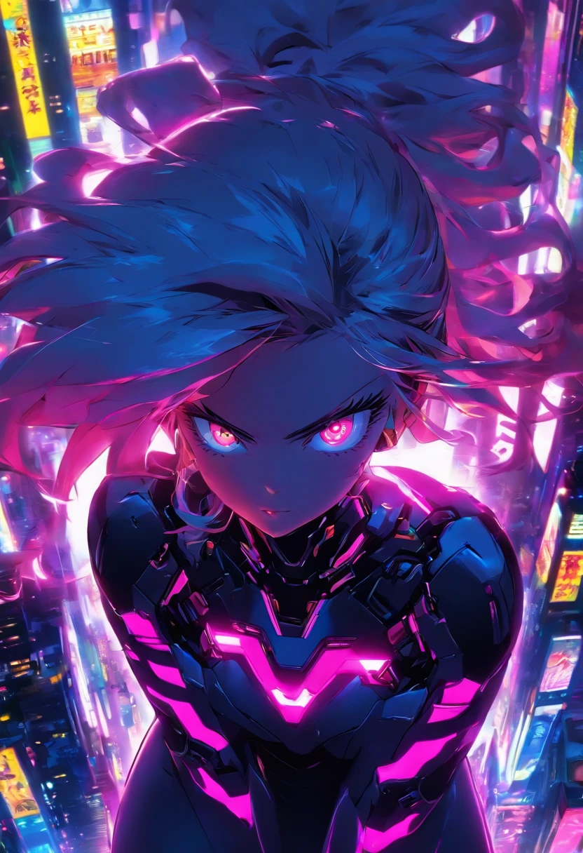 Pretty, Woman, Sexy face, Yellow eyes, White hair, Slim body, Sexy Pose, Pink tights, mechs, Neon sign, Led Night City, Seen from above, High quality, Realistic, Beautiful light, full detail, Black background
