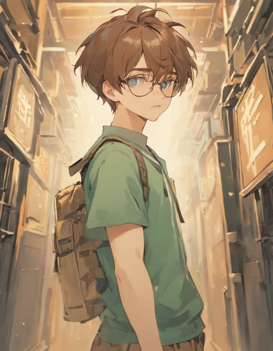 Male teen with brown hair and green eyes and glasses in casual outfit with white short sleeved jacket with tan cargo shorts