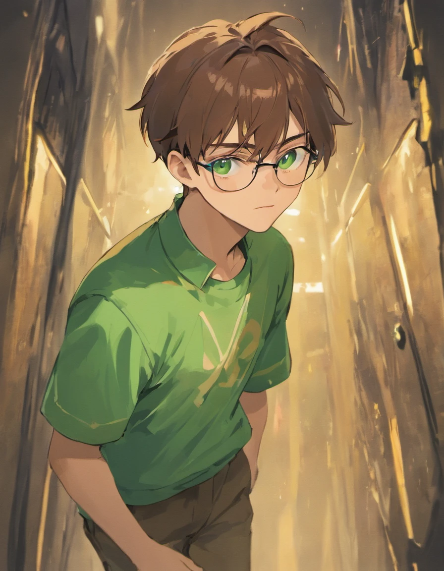 Male teen with brown hair and green eyes and glasses in casual outfit with white short sleeved jacket with tan cargo shorts