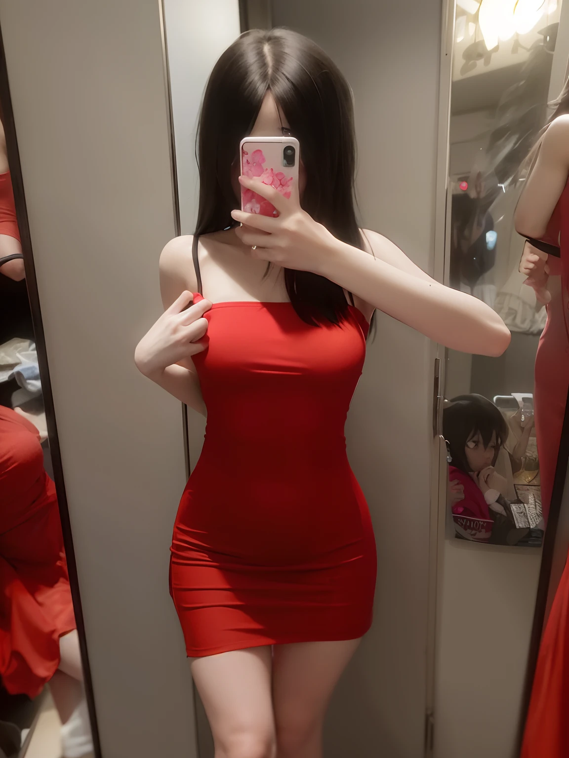 there is a woman taking a picture of herself in the mirror, Sexy dress, Bandeau Dress, Tight dress, succubus in tight kilt, Short dress, wearing dresses, simple dress, loli in dress, Dark dress, Anime girl in real life, Cute dress, photo of slim girl, wearing a dark dress, is wearing dress, Black and red dress