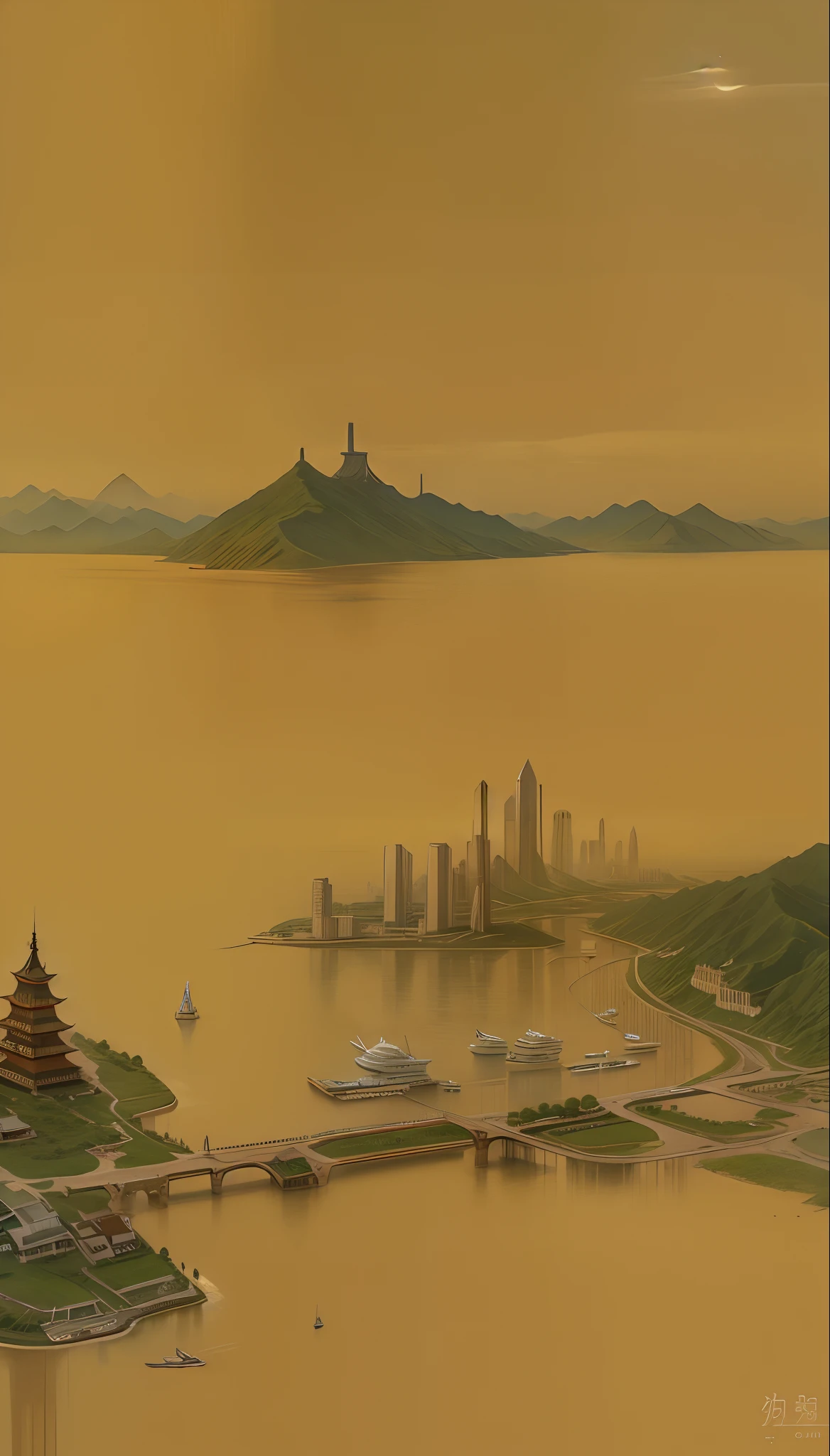The future Yangtze River Delta imagined by the ancients，Bustling marina，tall house，Green City，Oriental pearl