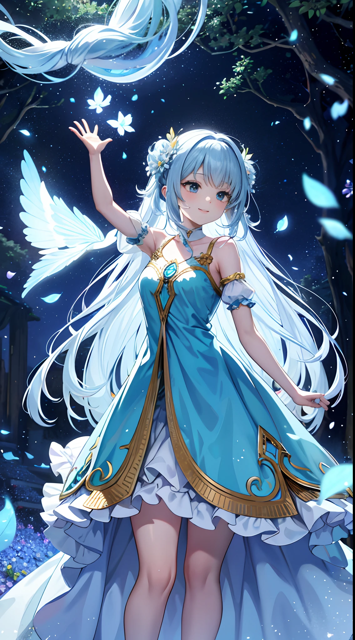In a realm of enchantment, within a magical forest, a mystical fairy girl emerges, Light blue long hair、Twin-tailed、adorable smiling、a radiant being adorned in gossamer threads of moonlight. Her skirt, woven from petals and stardust, shimmers with an iridescent glow, reflecting the celestial canopy above. Flowering trees々While flapping its wings in the sparkling fireflies, the air resonates with the ethereal symphony of nature's whispers, Creating a field where dreams and reality intersect,Dance the Dance of Pure Charm.