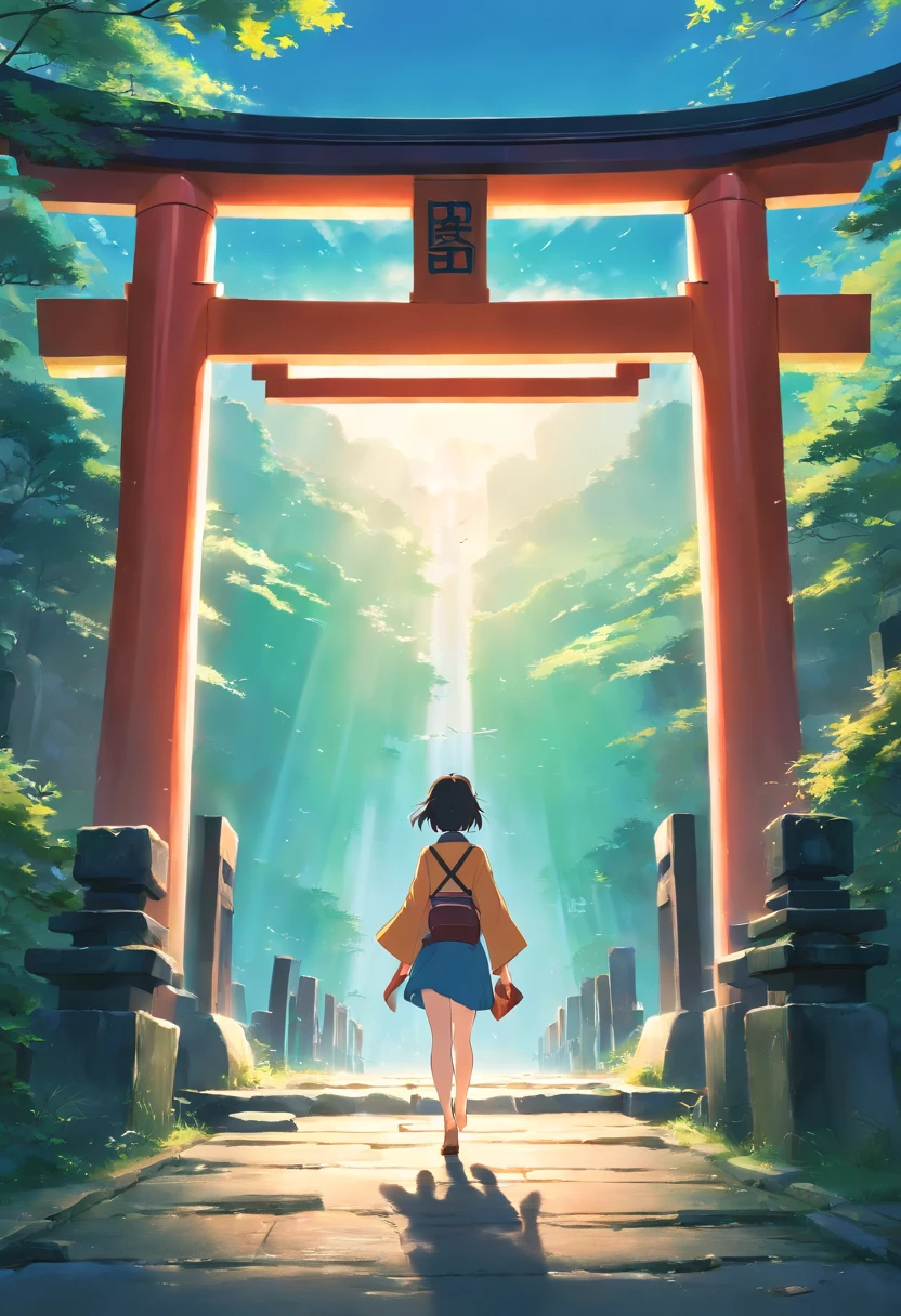masterpiece, best quality, movie still, Footage of the main character passing through a mysterious torii gate
