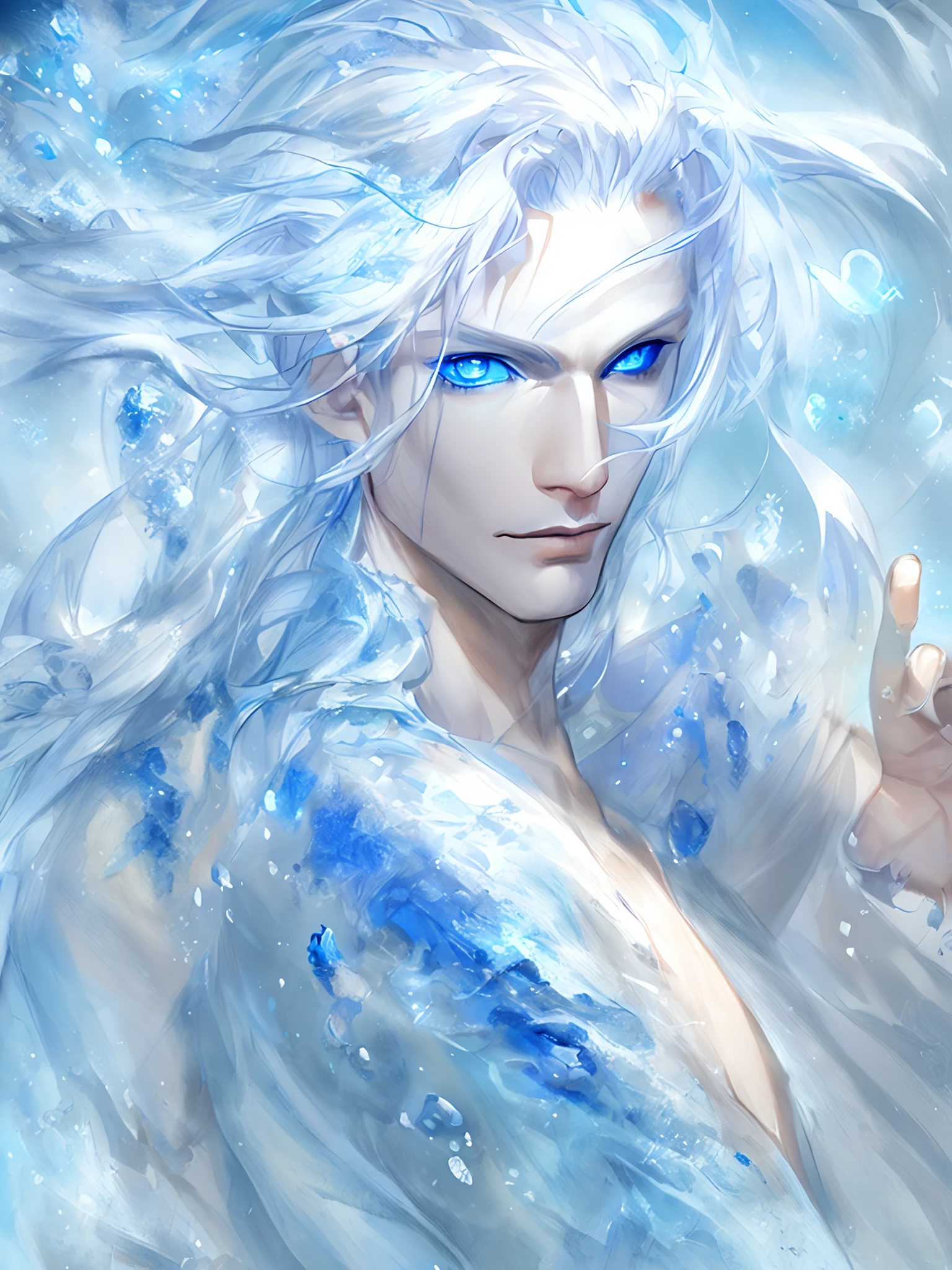 Young men，White hair and blue eyes in the water, by Yang J, Exquisite digital illustration, Fantasy art style, Beautiful characters