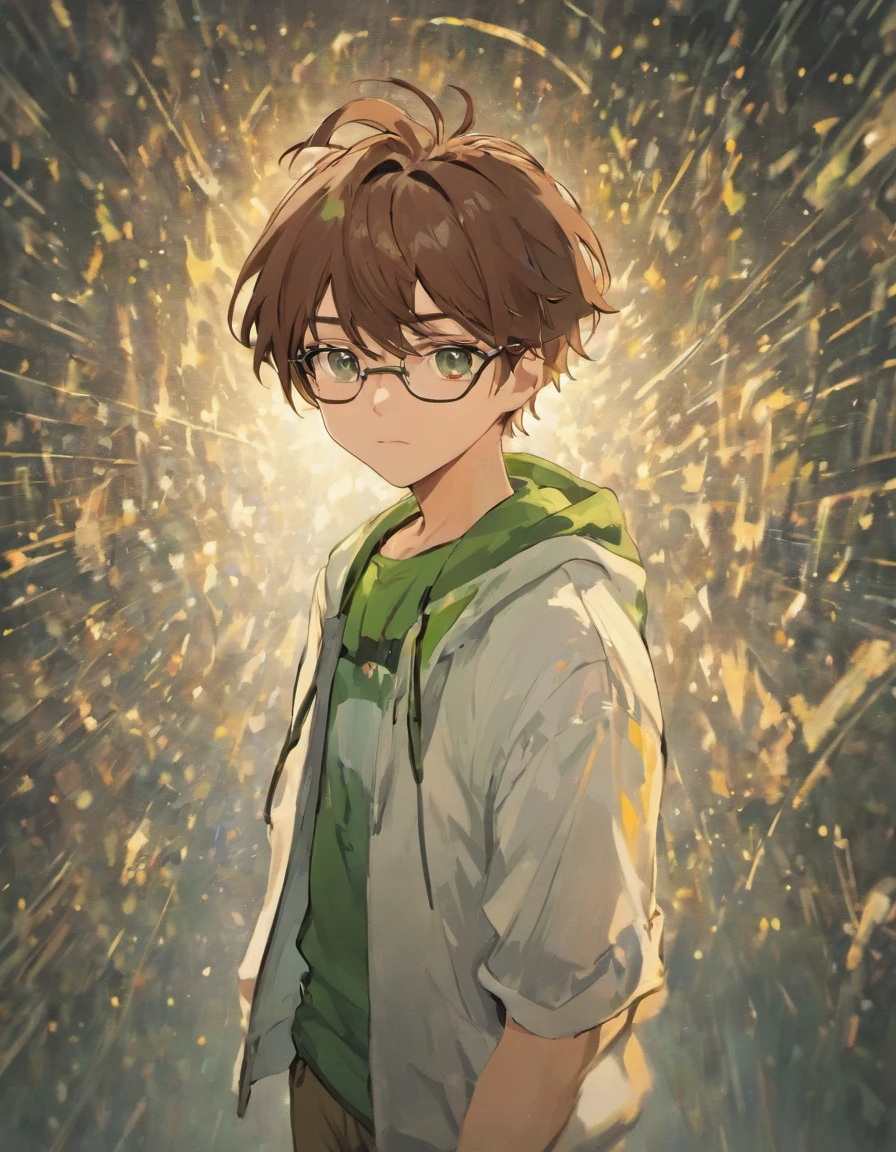 Male teen with brown hair and green eyes and glasses in casual white outfit with white short sleeved jacket with tan cargo shorts
