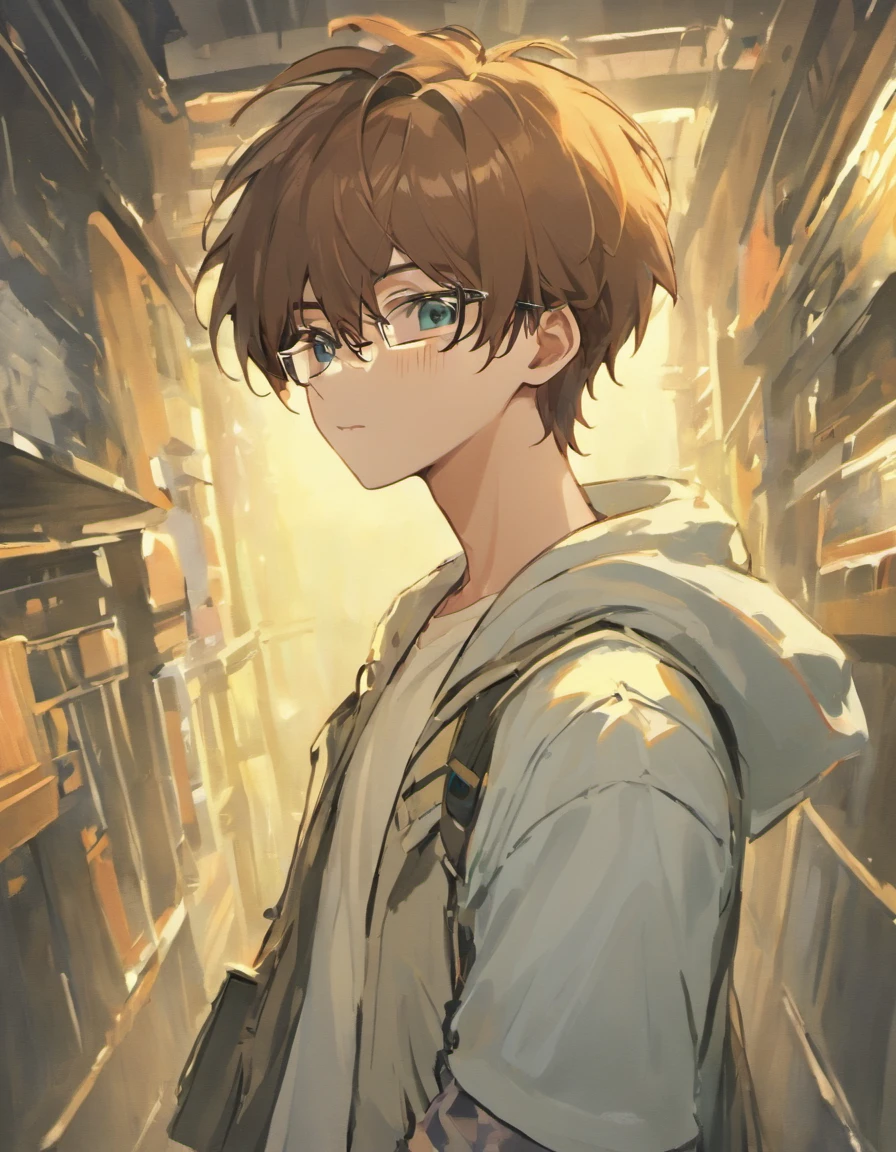 Male teen with brown hair and green eyes and glasses in casual white outfit with white short sleeved jacket with tan cargo shorts