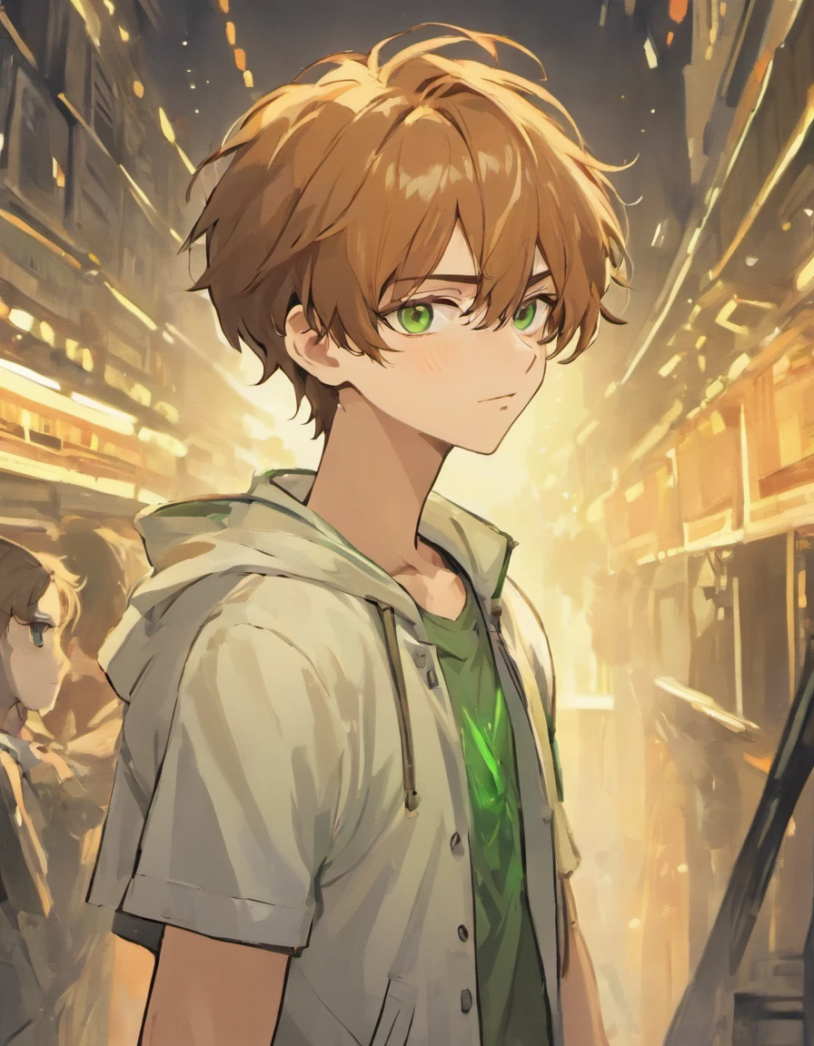 Male with brown hair and green eyes and glasses in casual white outfit with white short sleeved jacket with tan cargo shorts