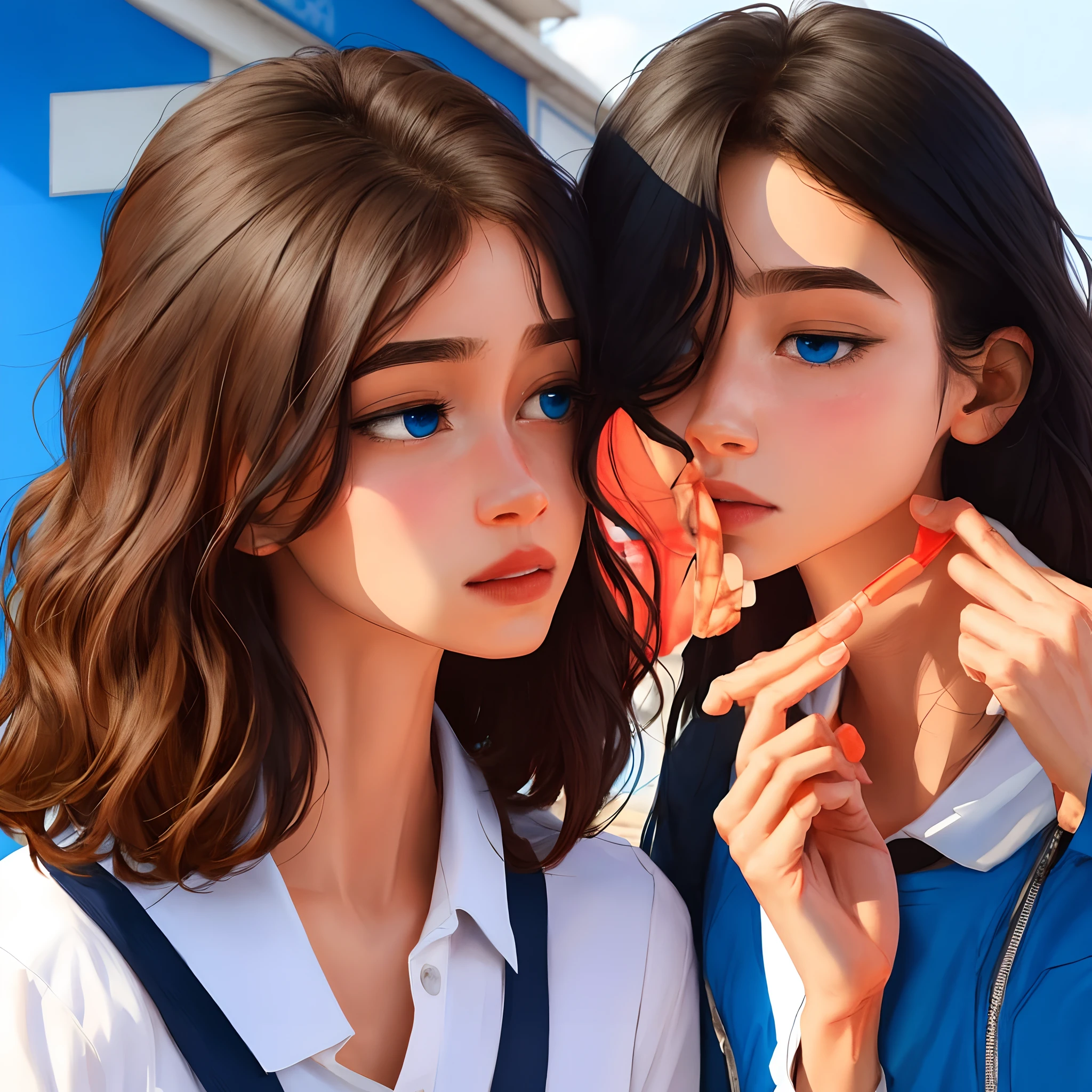 loira de cabelo loiro liso e longo do olho azul beijando meninobelo castanho em frente a escola estilo pixar