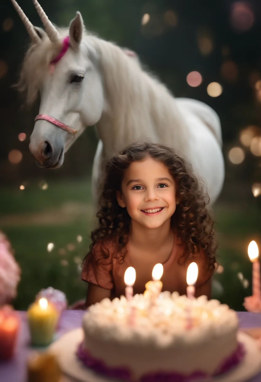 a photorealistic image of a 8  girl with curly dark hair and unicorn celebrating birthday, happiness, joy