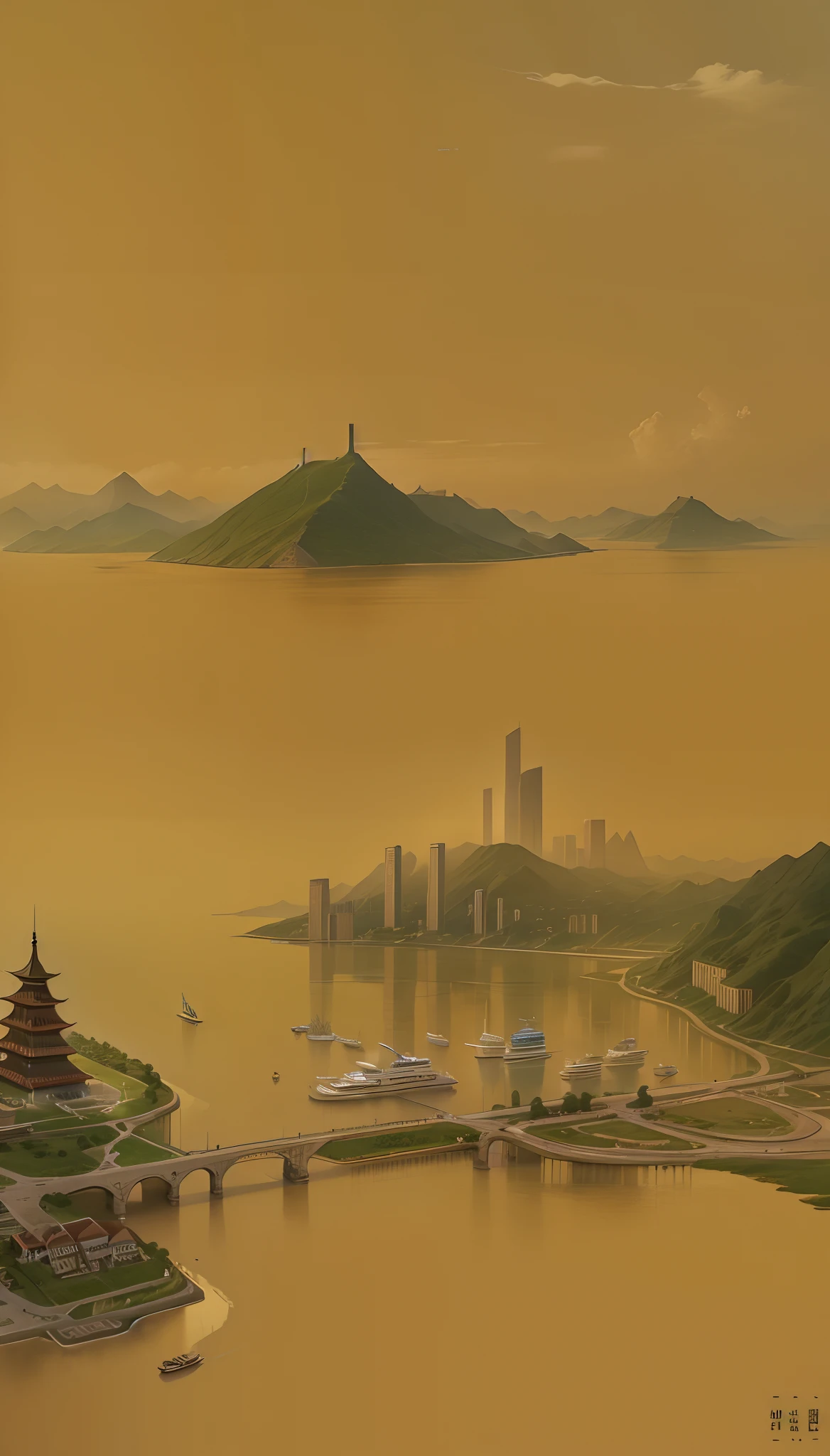 The future Yangtze River Delta imagined by the ancients，Bustling marina，tall house，Green City，Oriental pearl，Close-up