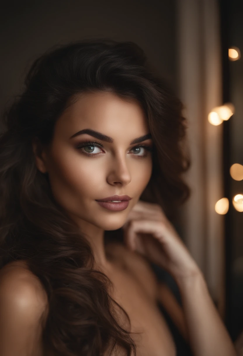Femme brune, latina, paris avec un bikini noir et un collier, fille sexy aux yeux verts, Portrait Sophie Mudd, cheveux bruns et grands yeux, Selfie d’une jeune femme, Yeux de chambre, Violet Myers, sans maquillage, maquillage naturel, Regardez directement la caméra dans le miroir, Visage avec Artgram, Maquillage subtil, Superbe selfie dans le miroir, Yeux verts perçants