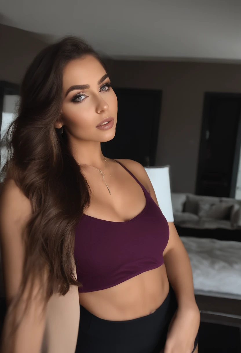 Arafed woman with matching tank top and panties, fille sexy aux yeux bruns, Portrait Madison Ivy, cheveux bruns et grands yeux, selfie of a young woman, Yeux de chambre, Violet Myers, sans maquillage, maquillage naturel, looking straight at camera, Visage avec Artgram, Maquillage subtil, Superbe photo du corps entier, dans la chambre, clivage