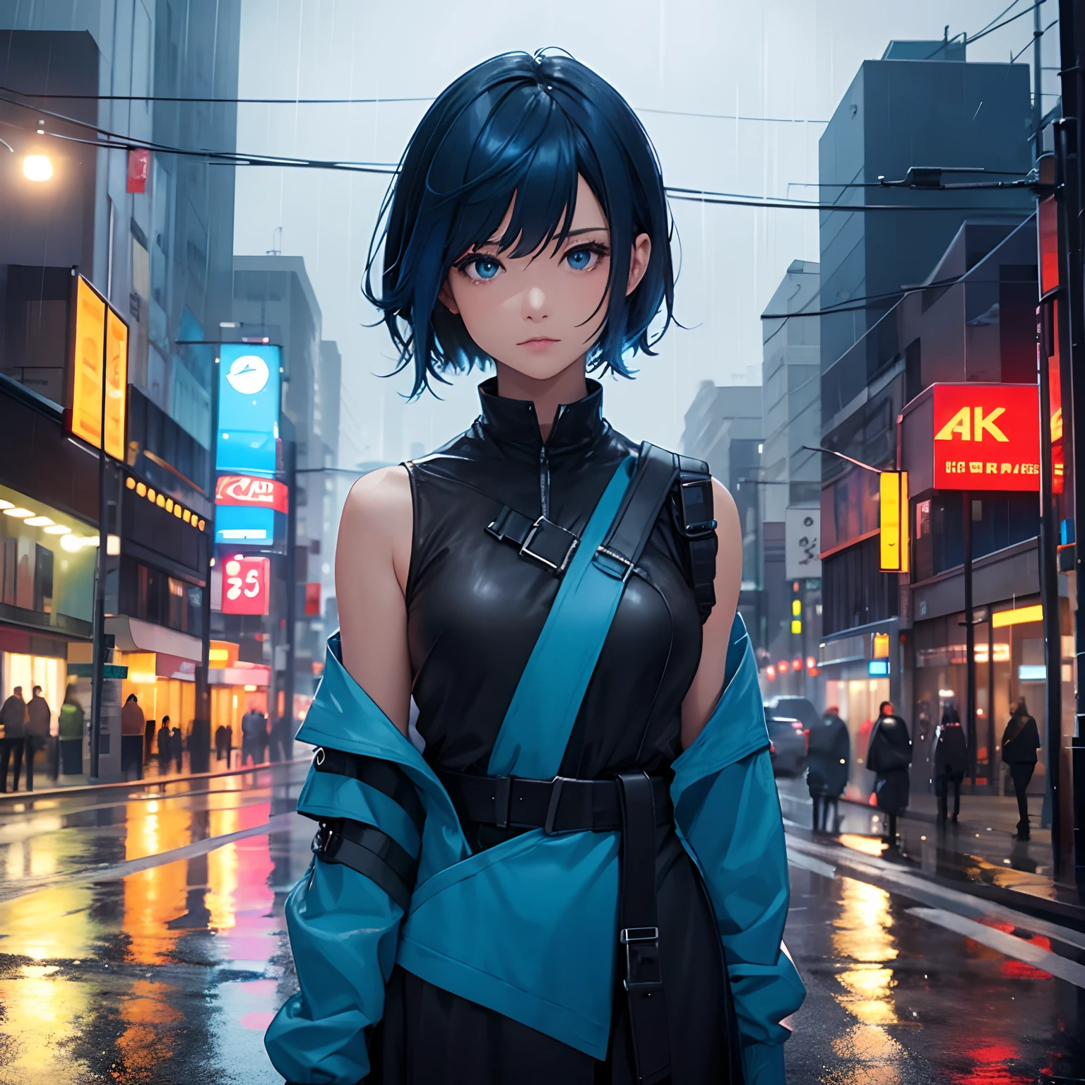 Solo girl, short hair, black shoulder off , blue hair, rain, City, Road reflection, 4k, high resolution, best quality, masterpiece