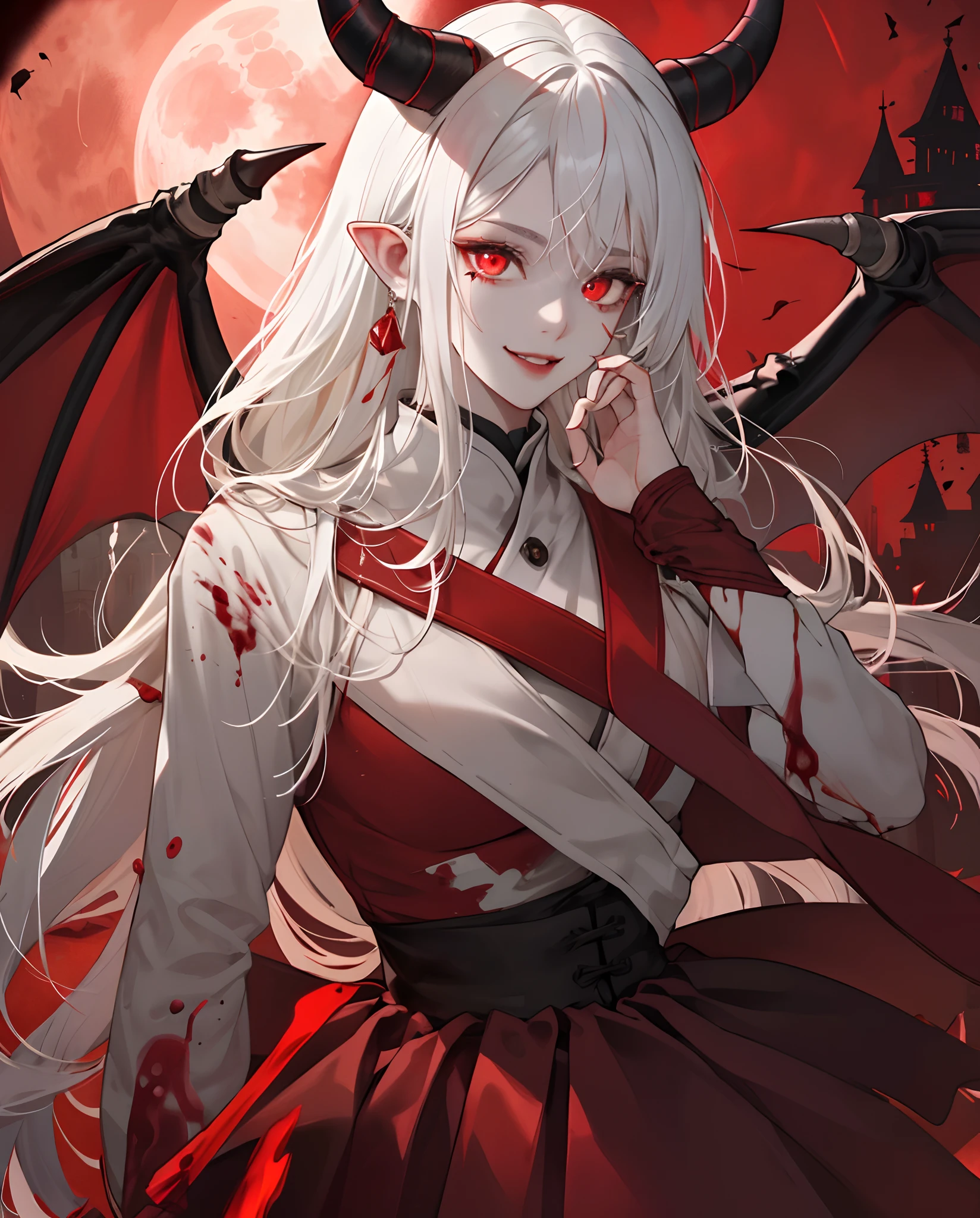 bat girl white hair red eyes dress red moon blonde long(​masterpiece:1.2、top-quality)、(The best lighting、extremely delicate and beautiful)、(The best lighting、extremely delicate and beautiful)、(beautifull detailed face)、(finely eye and detailed face:1.4)、Dark Fantasy、(younggirl、Little beast、1girl in、独奏、Crazy smile、pale-skinned、White hair、Red glowing eyes、dynamic ungle、Vampires)、(Vampire castle in the background)、(Red Moon、Red sky)、 pointy_ears、tusk、Demon Wings、Demon Horns、Blood on the face、Blood Rain、Blood fog、(depth of fields)、highly contrast、(blood splattere:1.4)、full bodyesbian