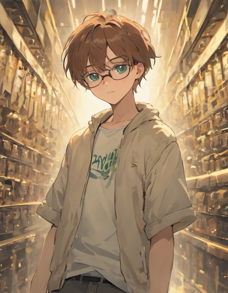 Male with brown hair and green eyes and black glasses in casual white outfit with white short sleeved jacket with tan cargo shorts