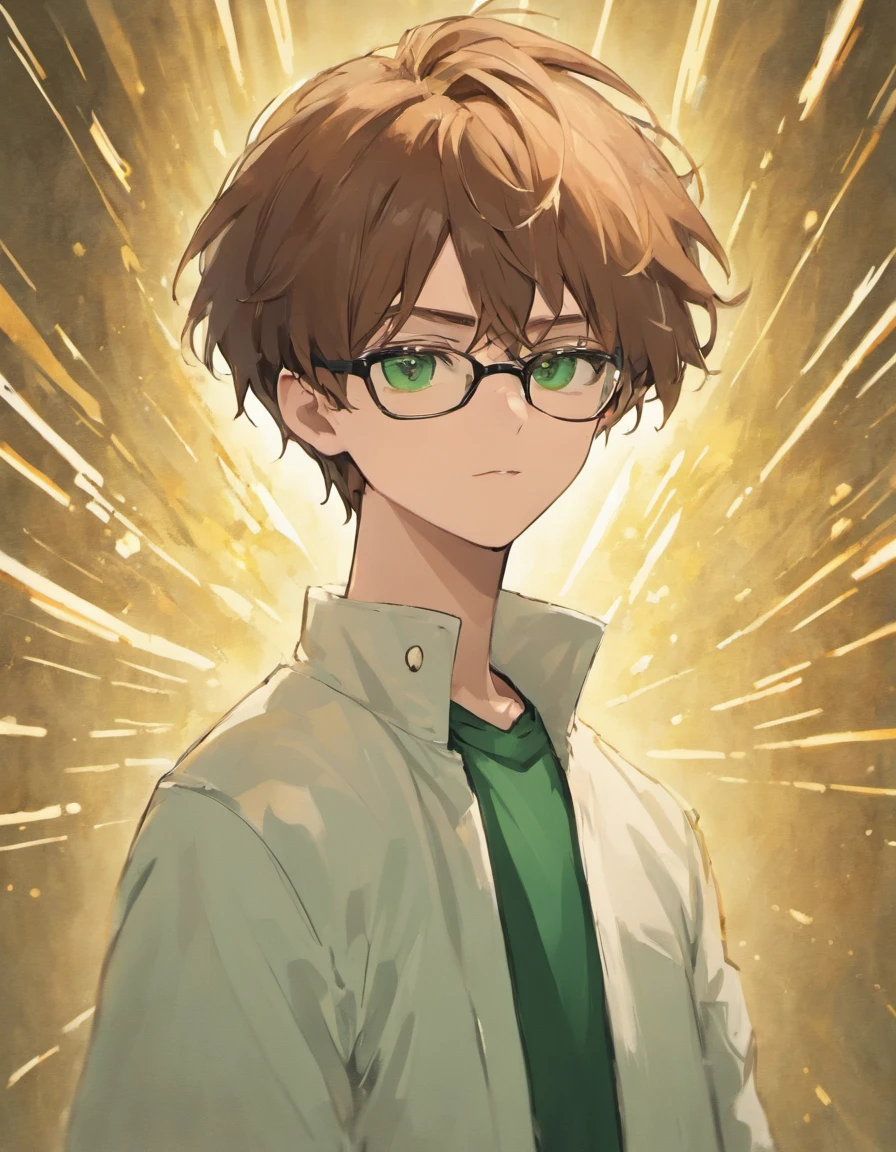 Male teen with brown hair and green eyes and black glasses in casual white outfit with white short sleeved jacket with tan cargo shorts