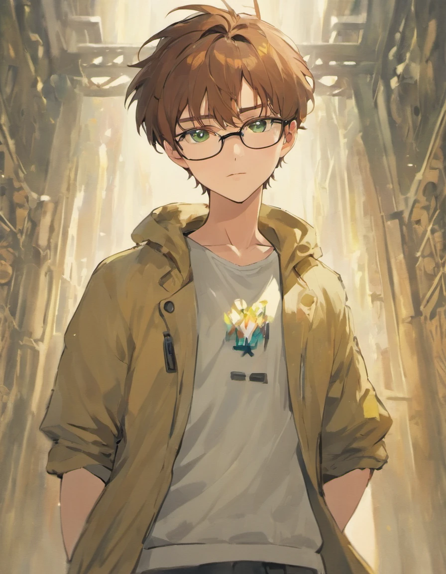 Male with brown hair and green eyes and black glasses in casual white outfit with white short sleeved jacket with tan cargo shorts