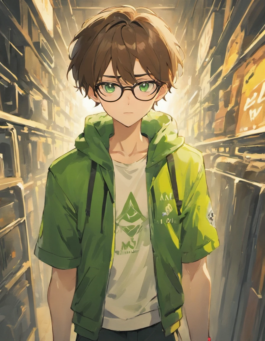 Male teen with brown hair and green eyes and black glasses in casual white outfit with white short sleeved jacket with tan cargo shorts