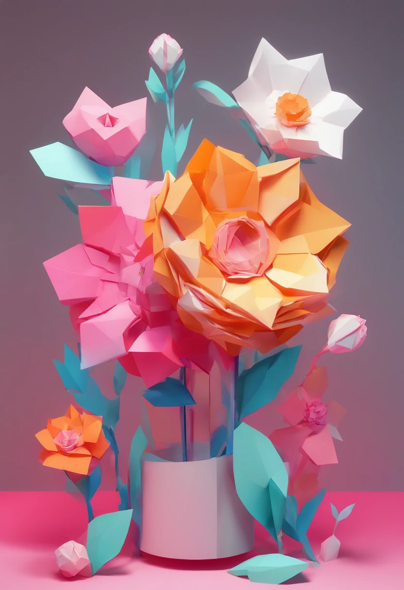 Flowers, Paper cut art style, Neon candy color, Simple, Stylish, Bright, White space, 。.3D, Redshift, Arnold renderer, High detail, High quality, 8K