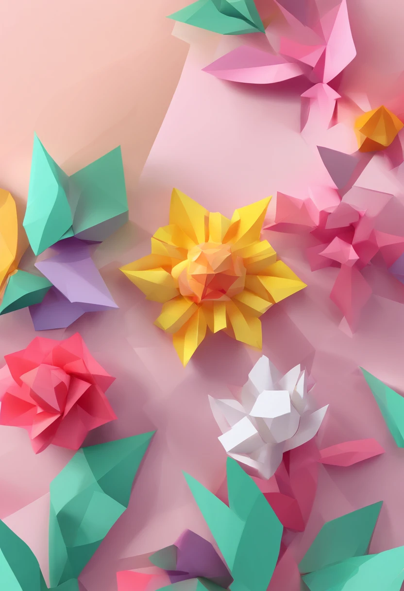 Flowers, Paper cut art style, Neon candy color, Simple, Stylish, Bright, White space, 。.3D, Redshift, Arnold renderer, High detail, High quality, 8K