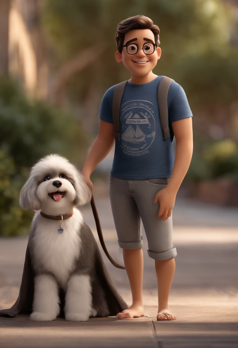 Pixar. Casal com um filhote de cachorro lhasa e outro cachorro mais velho lhasa . A tem os cabelos loiros amarrados, Camiseta cinza e jeans claro, white glasses. O meninobelos pretos com cabelos grisalhos, barba pequena, oculos, Dark blue jeans and gray t-shirt. They are both smiling and are 40 years old