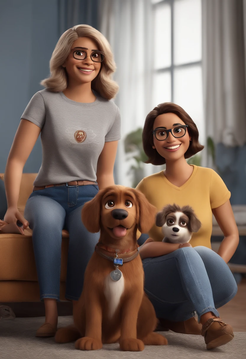 Pixar. Casal com um filhote de cachorro lhasa e outro cachorro mais velho lhasa . A menina tem os cabelos loiros amarrados, Camiseta cinza e jeans claro, white glasses. O menino de cabelos pretos com cabelos grisalhos, barba pequena, oculos, Dark blue jeans and gray t-shirt. They are both smiling and are 40 years old