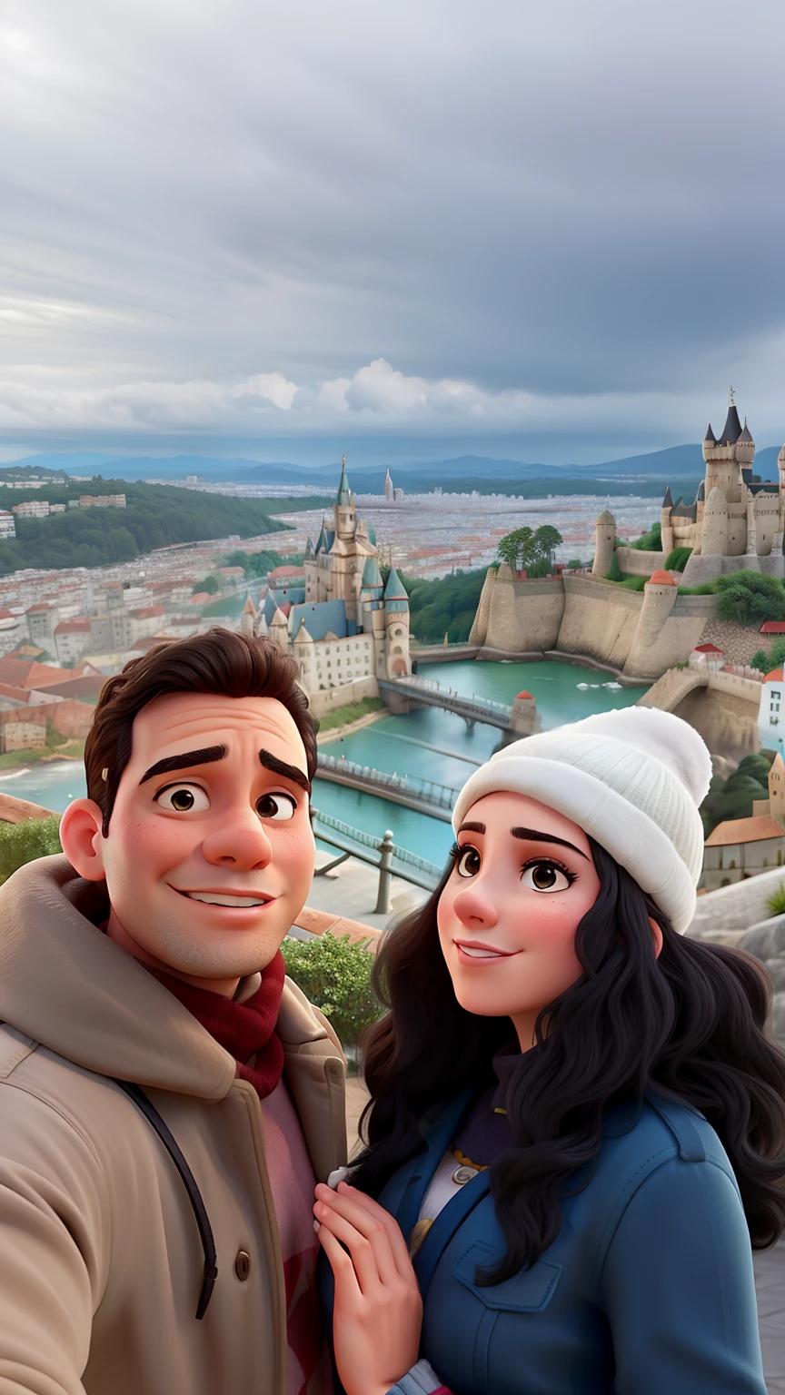Arafed couple taking a selfie in a city with cloudy sky, com um castelo ao fundo, com montanhas ao fundo, com montanhas no fundo, cidade em segundo plano, Castelo no fundo, ( Castelo no fundo ), Catedral ao fundo, com montanhas como pano de fundo, 🤬 🤮 💕 🎀, Montanhas ao fundo