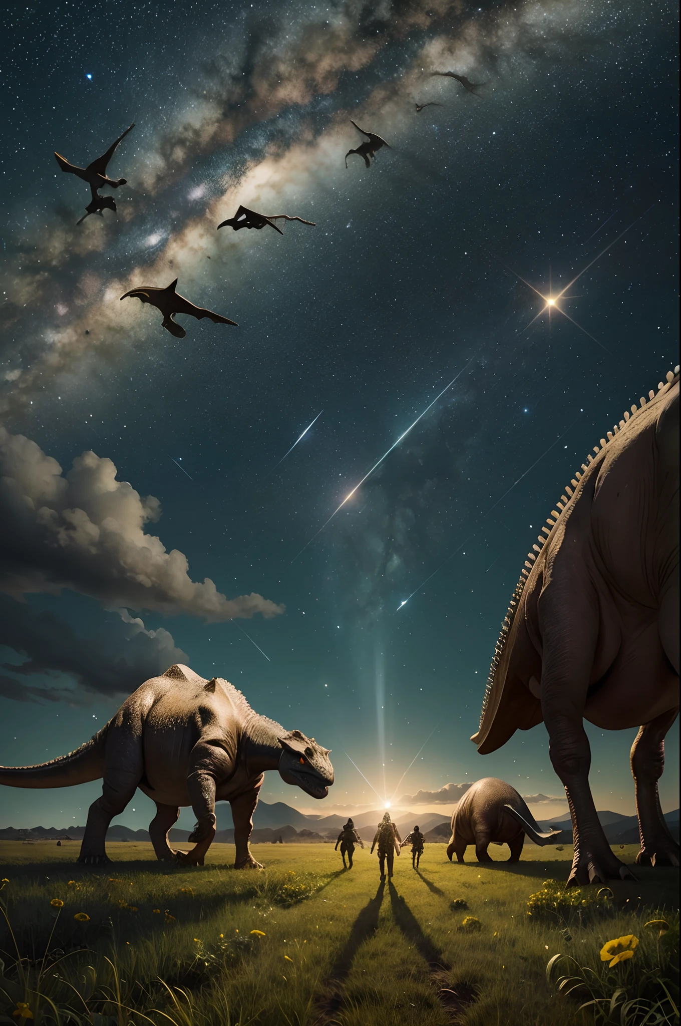 A shiny big meteor cross the starry sky, mid shot of a herbivorous dinosaur horde walking on a green prairie, highly detailed.