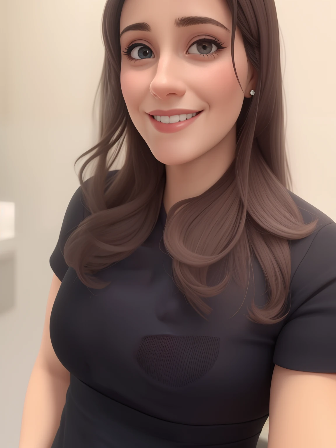 Lucy pinder, face portrait, smiling, ((very intense makeup)), voluptuous woman, long hair, brown hair, straight hair, ponytail, scrub top, button down blouse, blue blouse, blue scrub pants, chubby woman